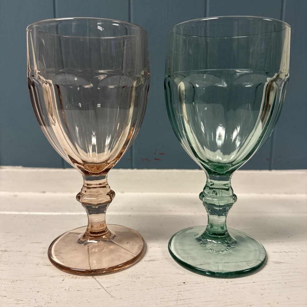 Set Of 2 Libbey Duratuff Gibraltor Green + Pink Glasses 6 3/4" Tall 3 3/8" Diam